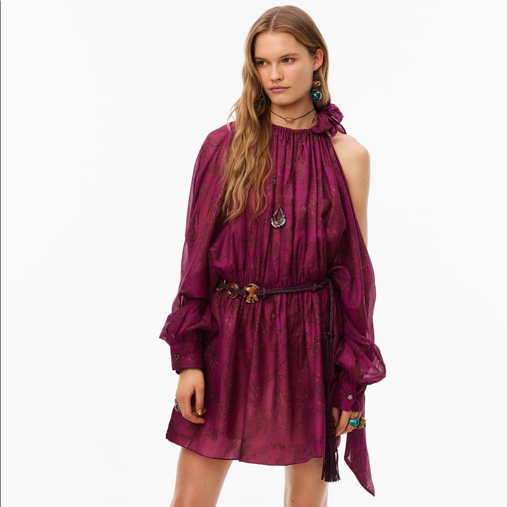 Zara LIMITED EDITION PRINTED MINI DRESS 100% cotton Burgundy Size M NEW